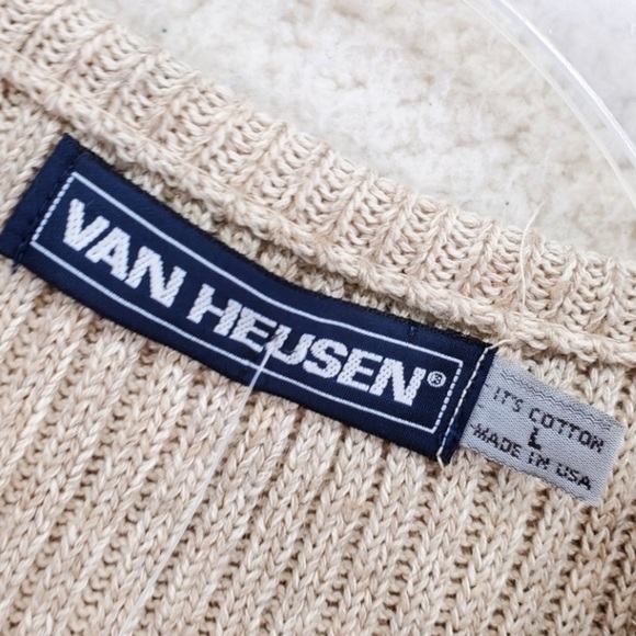 Vtg Van Heusen Dad Vest L Pullover Beige Green Striped Cotton Linen USA 90s NWT - Picture 2 of 10